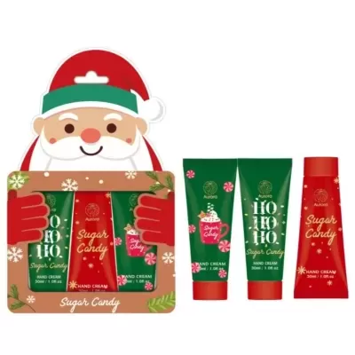 Conjunto de três cremes para mãos com embalagem de Natal e figura de Papai Noel