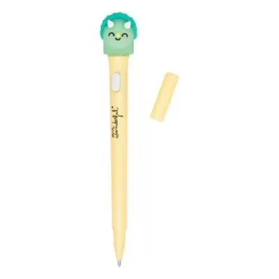 Caneta amarela com topo decorativo azul sorridente e tampa removível
