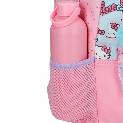 Garrafa termoblí rosa no bolso lateral de mochila rosa com estampados Hello Kitty