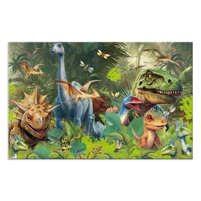 Dinossauros animados coloridos numa floresta tropical com plantas e borboletas