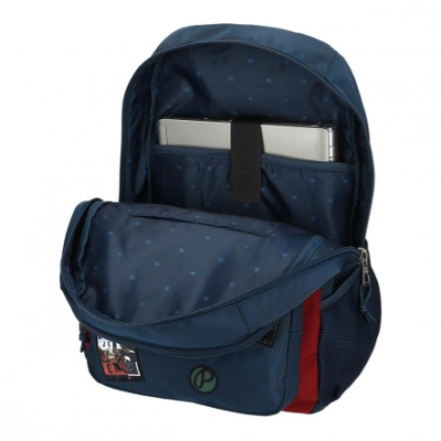 Mochila azul escura aberta com portátil dentro e detalhes em vermelho