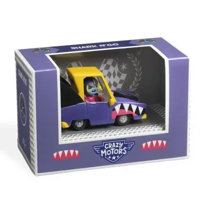 Carrinho de brinquedo Crazy Motors roxo e amarelo em embalagem original