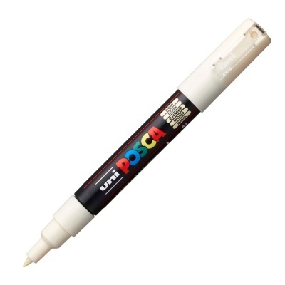 Marcador branco Uni Posca com corpo preto e tampa branca