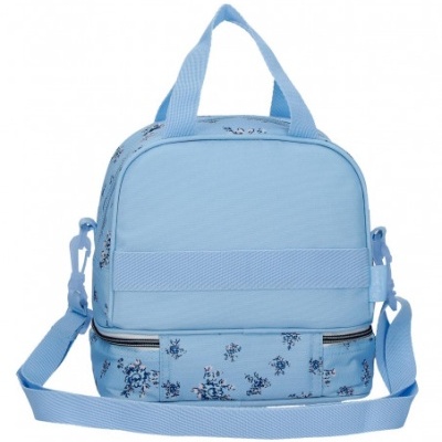 Mala azul clara com padrão floral e alças ajustáveis