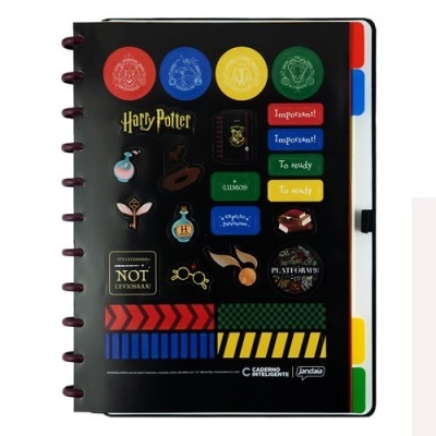 Caderno inteligente preto com autocolantes coloridos do tema Harry Potter e divisórias de cores várias