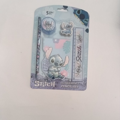 Conjunto de lápis Stitch Disney com 5 peças em tons azuis e rosa.