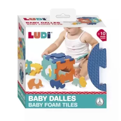 Caixa de brinquedo LUDI para bebés com peças de espuma coloridas e formas diversas