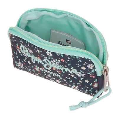 Carteira de tecido com padrão floral e fecho verde-água