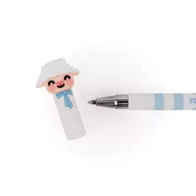 Caneta esferográfica branca com tampa decorada com figura de carneiro sorridente