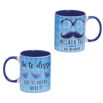 Caneca azul com texto e ilustrações para pai