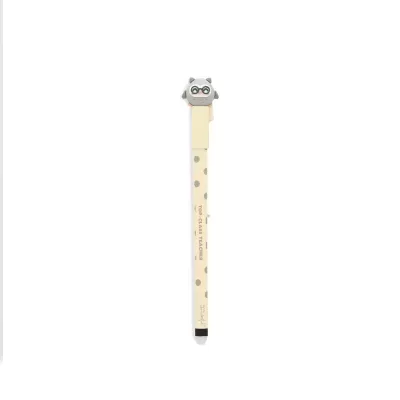 Caneta preta com corpo bege e pontos cinzentos e topo de gato cinzento com óculos