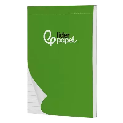 Bloco de notas verde com capa brilhante da marca Lider Papel e folha pautada