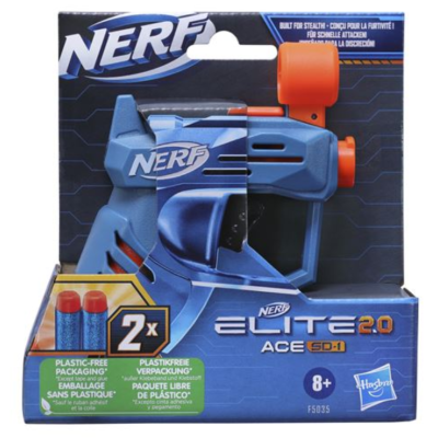 Arma Nerf Elite 2.0 ACE 50 azul com detalhes laranja e 2 dardos azuis na embalagem