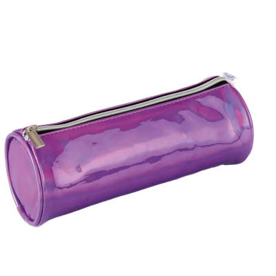 Estojo cilíndrico roxo translúcido com fecho de correr metálico