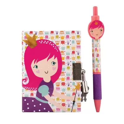 Conjunto de caderno ilustrado com menina rosa e caneta com cabeça de personagem correspondente