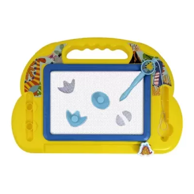 Quadro de desenho magnético amarelo com moldura azul, caneta azul e peças magnéticas azuis