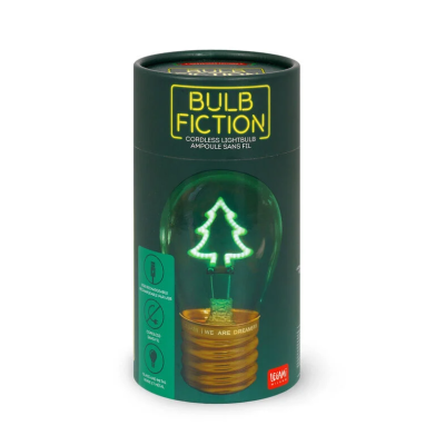 Embalagem cilíndrica verde com lâmpada decorativa de luz em forma de árvore de Natal