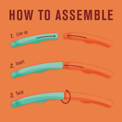 Instruções visuais para montagem de duas peças curvas azul e laranja em fundo laranja