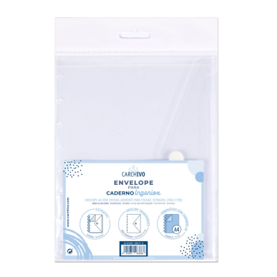 Envelope transparente para caderno Ingenius formato A4 com etiquetas em azul e branco