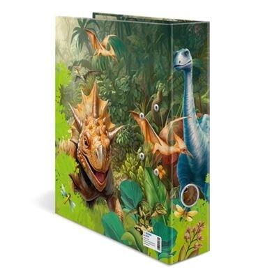 Livro infantil com capa colorida de dinossauros na natureza