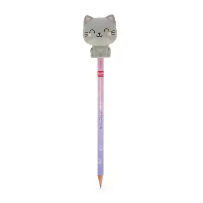 Lápis colorido com tampa de gato cinzento sorridente