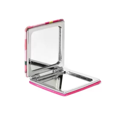 Espelho compacto com capa em tecido rosa aberto
