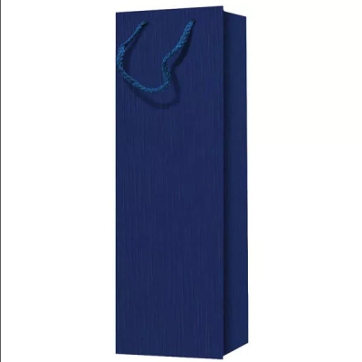 Saco de presente azul escuro com cordão azul para garrafas.