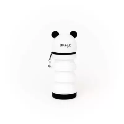 Garrafa dobrável branca com tampa em forma de cabeça de panda e texto 'mr. wonderful'