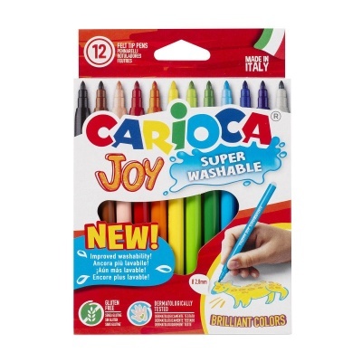 Embalagem de 12 canetas de feltro coloridas CARIOCA Joy Super Washable com texto e desenhos na embalagem.