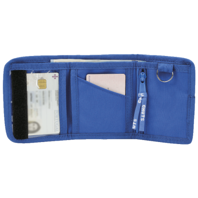 Carteira azul em tecido com vários compartimentos e fecho em velcro