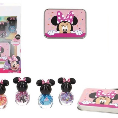 Conjunto de vernizes com tampa em forma da cabeça da Minnie e caixa metálica decorada.