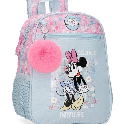 Mochila infantil azul e rosa com estampa da Minnie Mouse e chaveiro de pompom rosa
