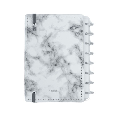 Caderno padrão mármore com capa dura e argolas transparentes