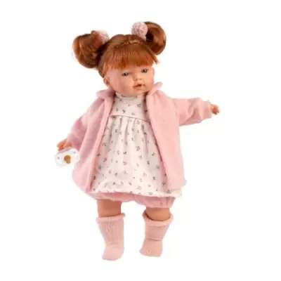 Boneca menina com casaco cor-de-rosa e vestido branco com flores