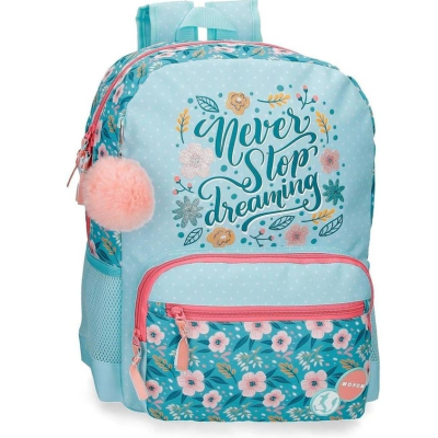 Mochila azul claro e floral com texto 'Never Stop dreaming' e pompom cor-de-rosa