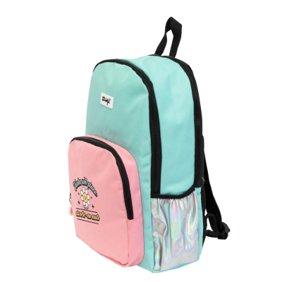 Mochila azul turquesa, bolso rosa com flor e base holográfica