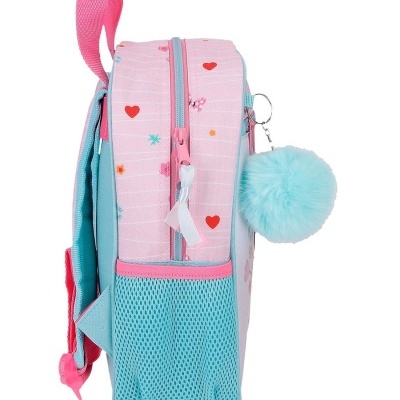 Mochila infantil rosa com corações vermelhos e chaveiro pompom azul