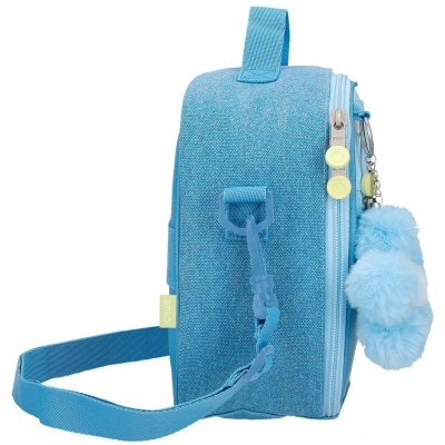 Mala ou mochila pequena azul com pompons e puxadores amarelos