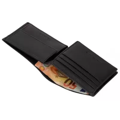 Carteira preta de couro bifold com nota de 50 euros