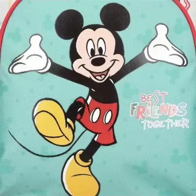 Mochila infantil verde-água com imagem de Mickey Mouse e texto colorido 'BEST FRIENDS TOGETHER'
