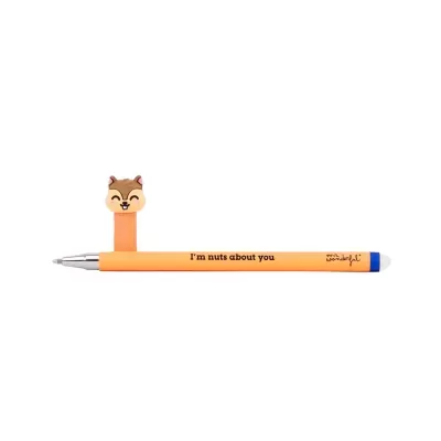 Caneta laranja com tampa em forma de esquilo sorridente