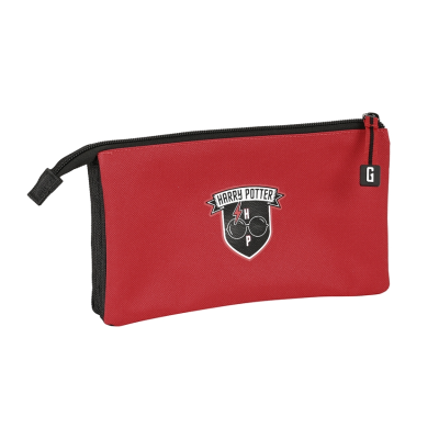 Estojo escolar vermelho com fecho preto decorado com emblema Harry Potter