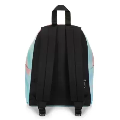 Mochila vista de costas com alças pretas e corpo em tons pastel azul e rosa