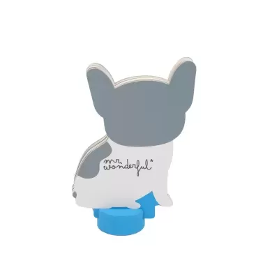Bloco de notas em forma de cão cinzento e branco com texto 'mr. wonderful*'