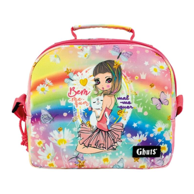 Bolsa colorida com ilustração de rapariga e gato branco, texto 'Bem me quer mal me quer'