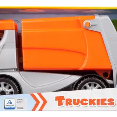 Camião de lixo de brinquedo laranja e cinza com figura humana na embalagem