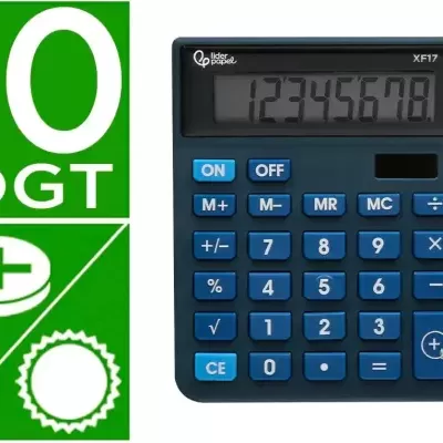 Calculadora preta com botões azuis e selo verde 10 DGT