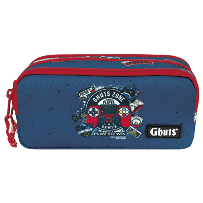 Estojo escolar azul e vermelho com estampado de videojogos e logo Ghuts