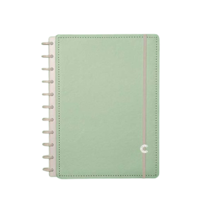 Caderno verde claro com elástico bege e argolas plásticas