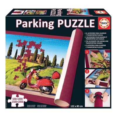 Embalagem de acessório para guardar e transportar puzzles, cor bordô, marca EDUCA, com instruções em várias línguas.